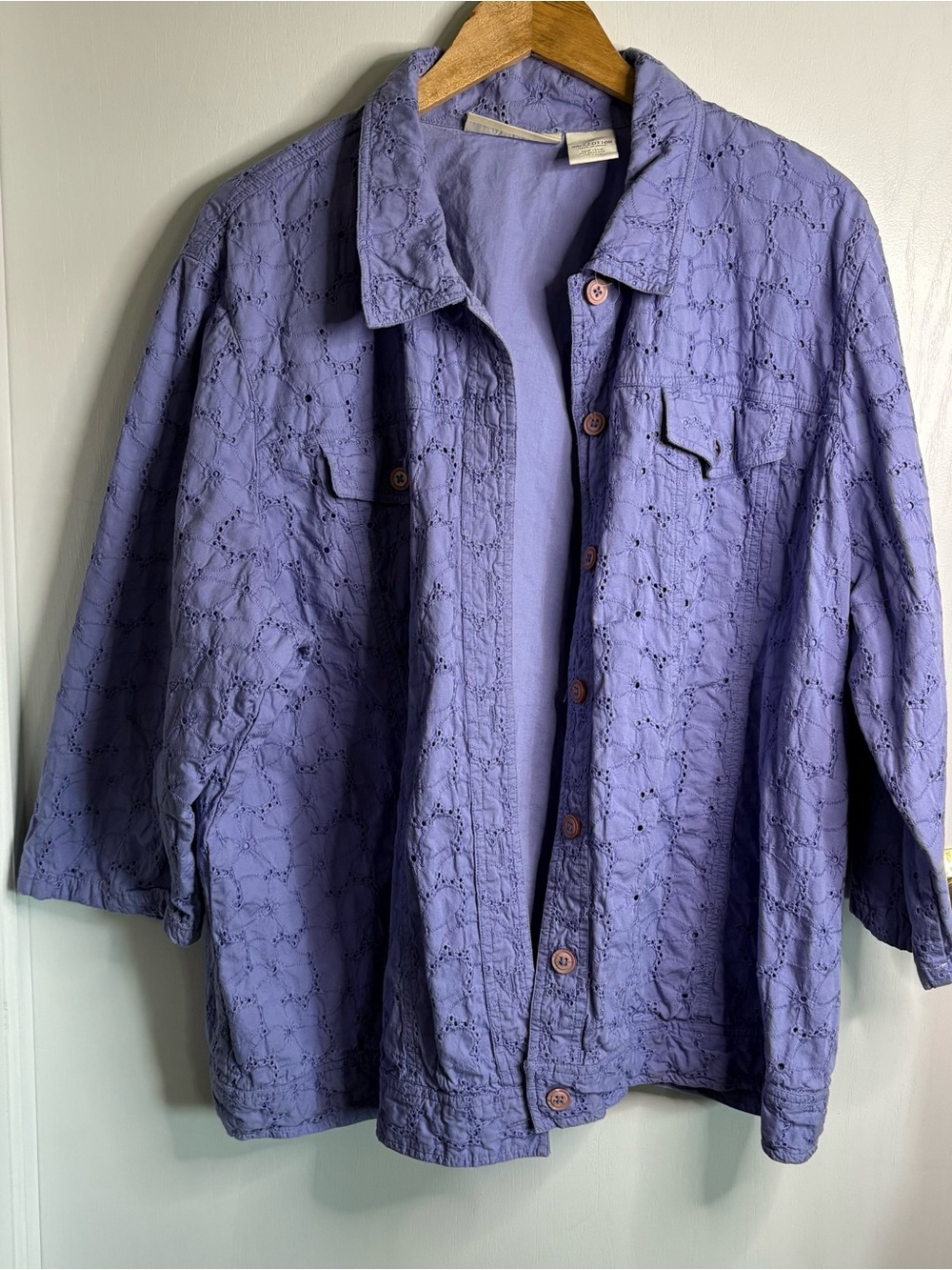 Appleseed's Periwinkle Floral Eyelet Button-Front Jean Jacket Lined